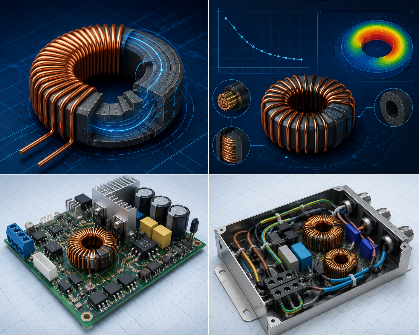 Engineering illustration of a wound toroidal magnetic core with controlled flux and winding geometry