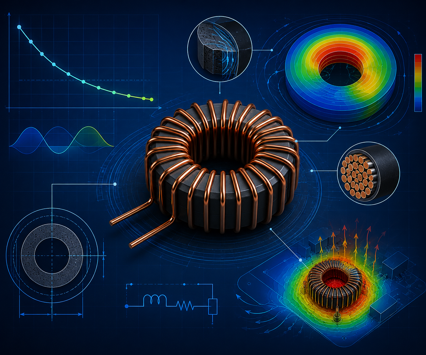Technical illustration combining a toroidal inductor, inductance-current curve and thermal analysis