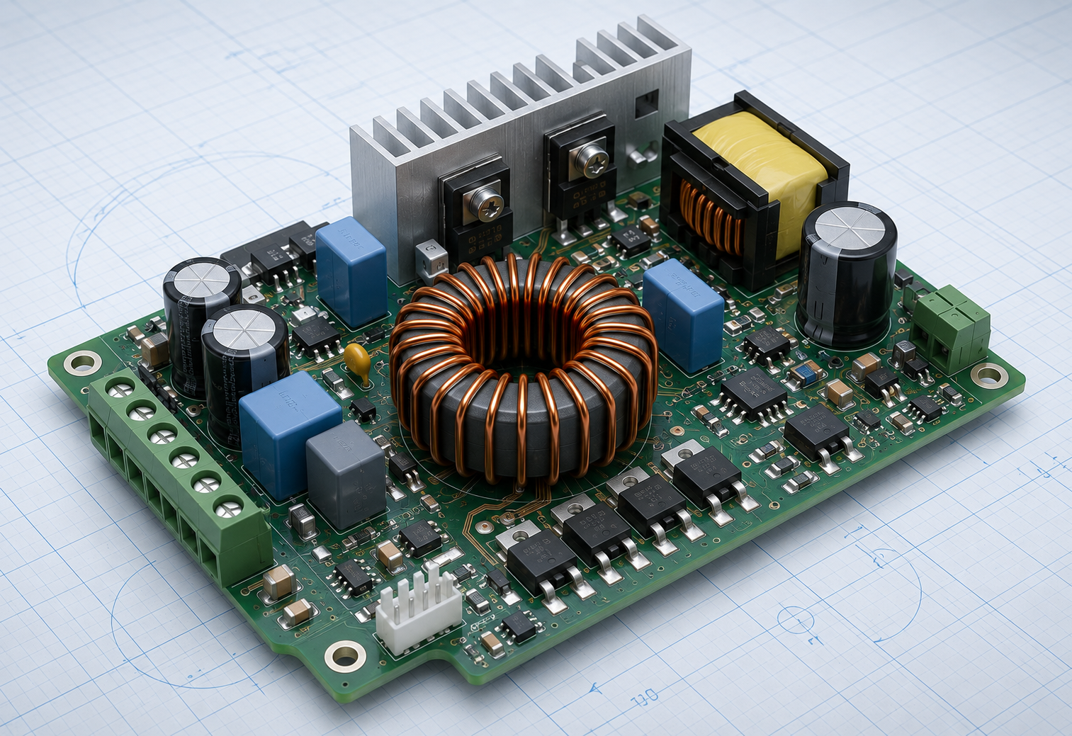 Toroidal inductor mounted in a power converter printed circuit board