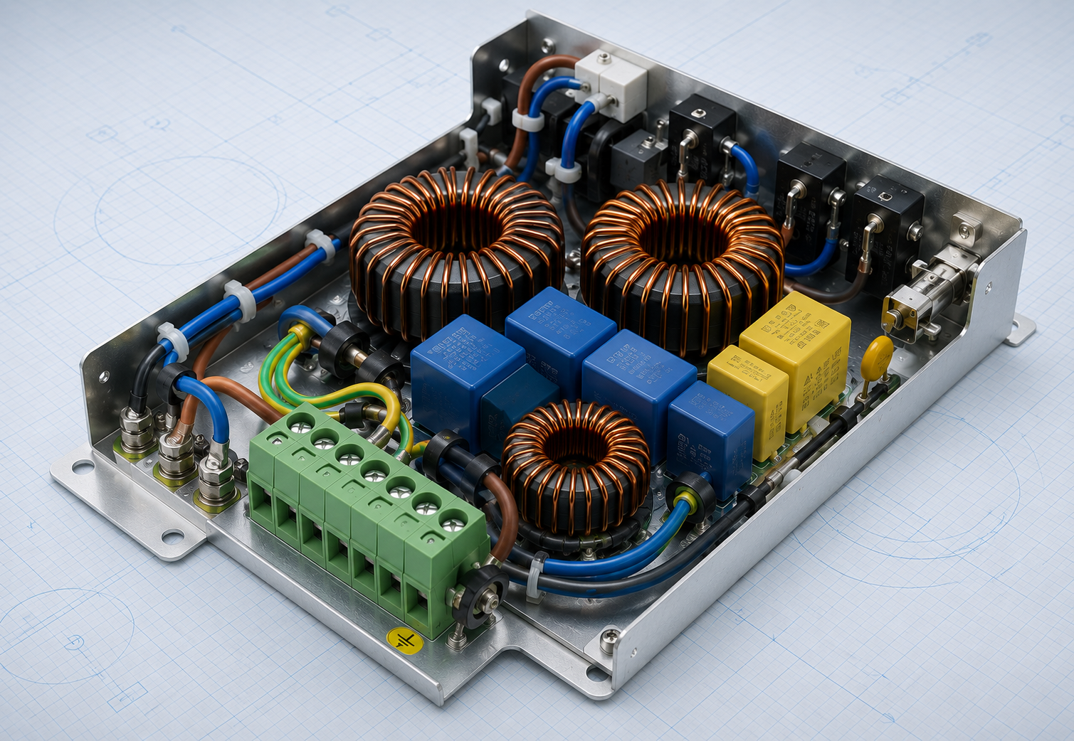 Wound toroidal components in an industrial power filter assembly